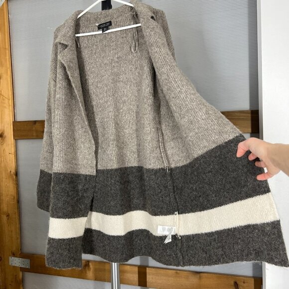 Rachel Zoe Wool Blend ColorBlock‎ Stripe Mid Length Knit Open Cardigan Brown Tan - Picture 10 of 15